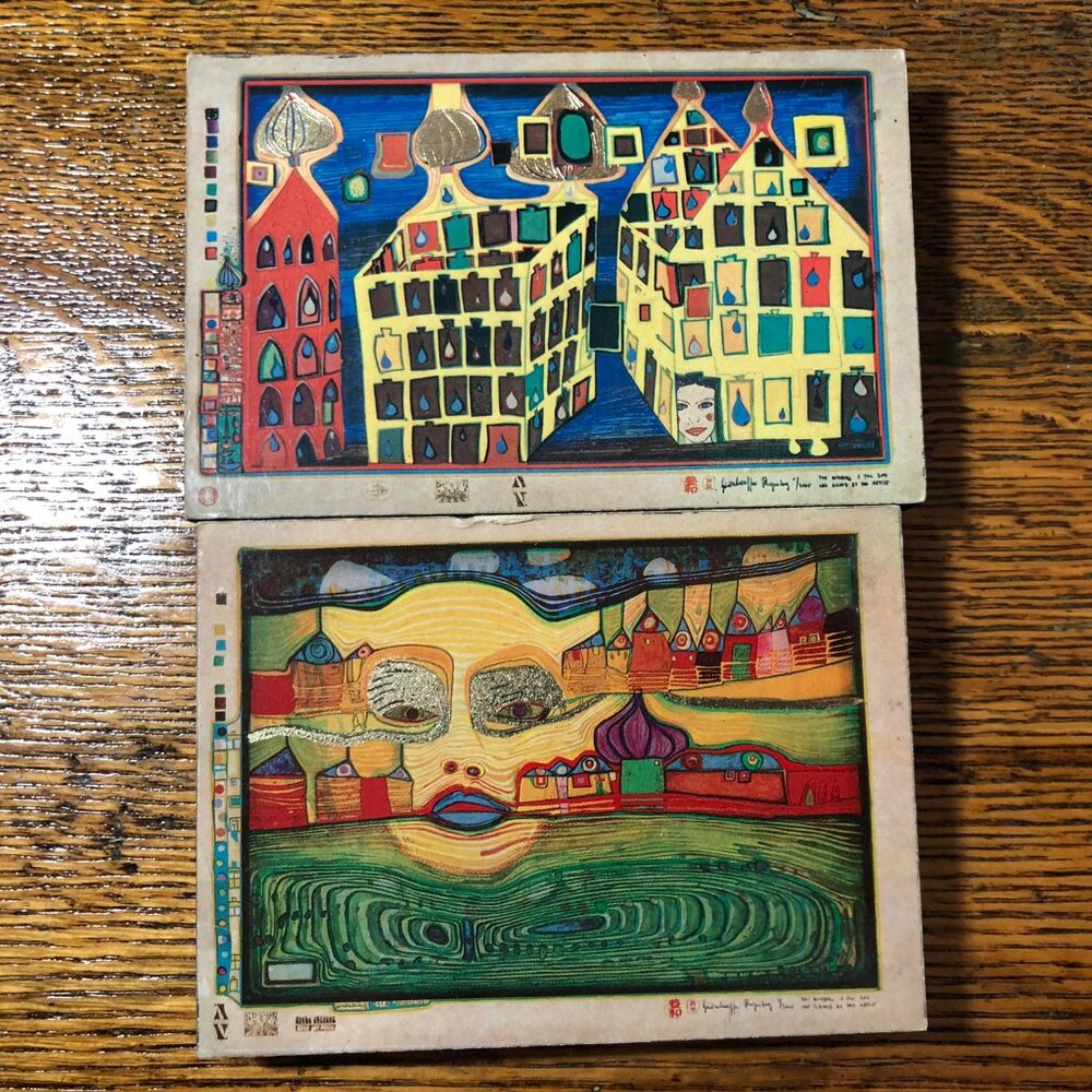 Austrian Artist Friedensreich Hundertwasser Foil Post Cards Mounted on Wood